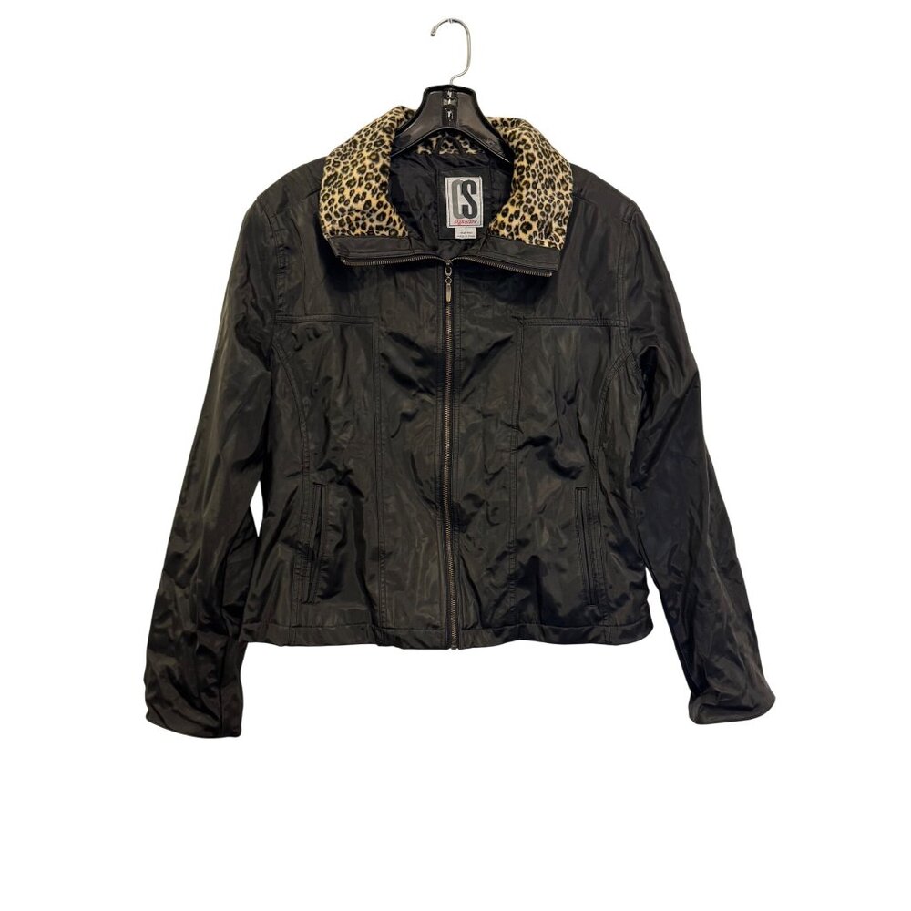 CS Signature Black Jacket With Leopard Print Collar L Zip Closure